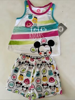 Disney Girls White Tank & Multicolor Mickey Emoji Pajama Set